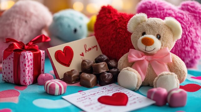 A romantic arrangement with a teddy bear, chocolates, gifts, and love notes for a special occasion.