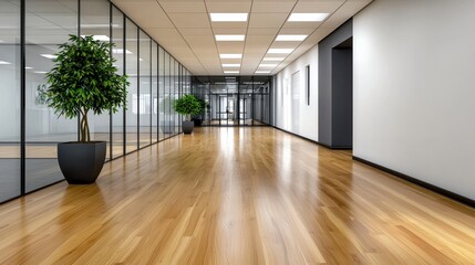 Obraz premium Modern Office Hallway with Glass Walls and Wooden Floor Design