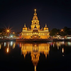 Fototapeta premium Kali Temple Illuminated at Night Reflects Beautifully in the Waters of Dakshineswar, Kolkata. Generative AI