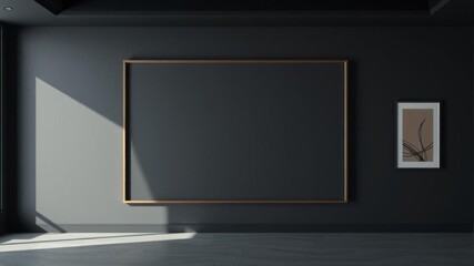 Fototapeta premium black frame hanging on sleek black marble wall with realistic marble texture, elegant interior design concept, blank frame, empty frame, copy space