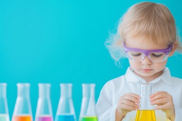 Curious Child in Lab Coat and Goggles Experimenting with Colorful Liquids in Test Tubes