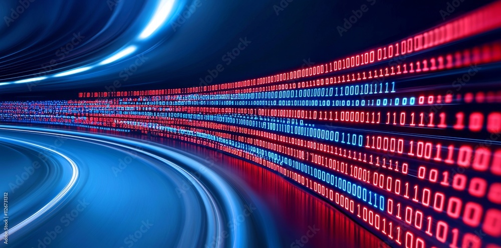 Poster a 3d rendering of an abstract highway winding through digital binary towers in a city, symbolizing b