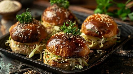 Sesame seed topped handcrafted cabbage sandwiches served hot on an iron platter