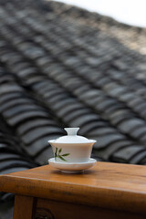 Ceramic teacups on a wooden table