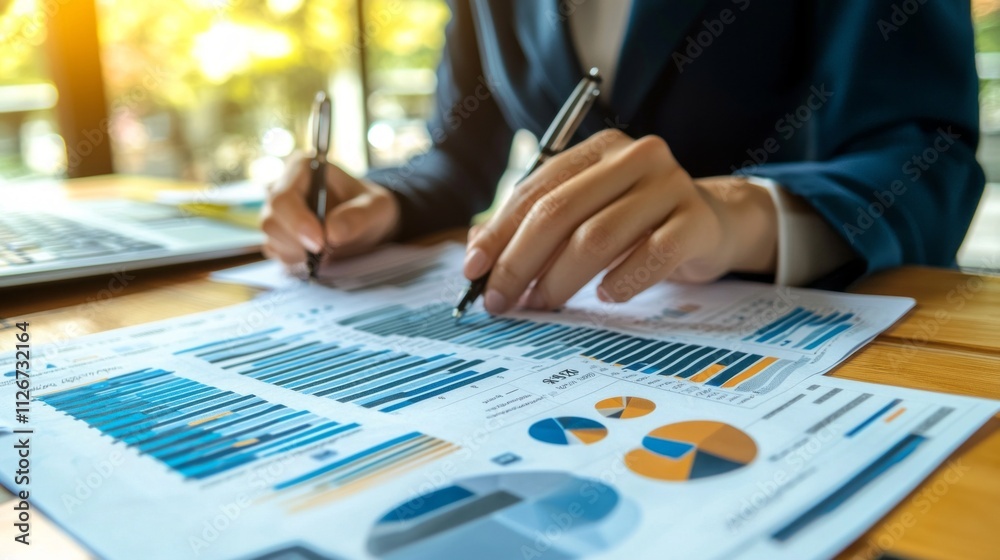 Poster focused business woman reviews financial reports and data visualizations, simultaneously taking note