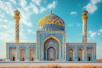 A majestic blue and gold mosque with intricate details, a testament to Islamic architecture.