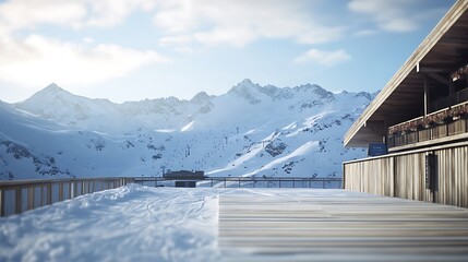 Fototapeta premium Snowy Mountaintop Deck: A Winter's Day 3D Render. AI Generated
