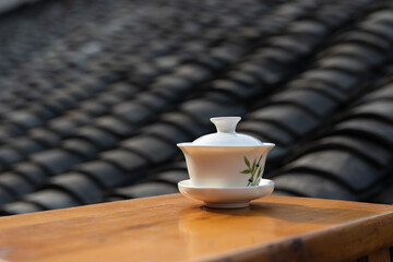 Ceramic teacups on a wooden table