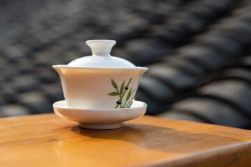 Ceramic teacups on a wooden table