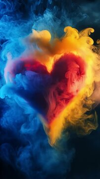 Abstract heart formed by smoke in yellow, blue and reden colors, dark background to symbolize love and passion. Animation for valentine's day. Vertical video
