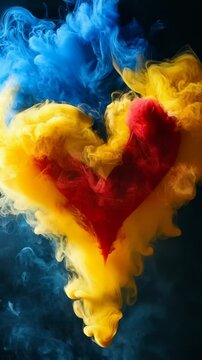 Abstract heart formed by smoke in yellow, blue and reden colors, dark background to symbolize love and passion. Animation for valentine's day. Vertical video