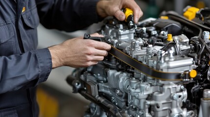 Obraz premium Mechanics repair and engine restoration, A mechanic works on an engine assembly, adjusting components with tools to ensure optimal performance and functionality.