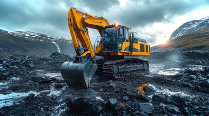 Vibrant yellow excavator digging into rocky terrain under cloudy skies