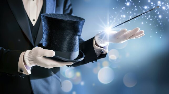 Magician Performing a Trick with a Top Hat and Wand