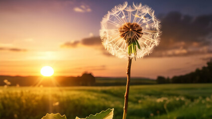 Dandelion in the sunset glow, perfect for themes of inspiration and free-spirited wishes.