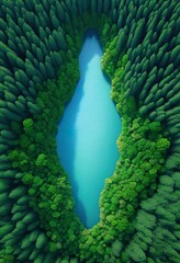 Aerial View of Serene Turquoise Lake Nestled in Lush Evergreen Forest