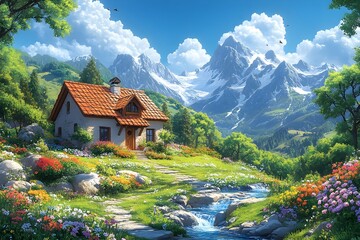 Fototapeta premium illustration of beautiful landscapes with mountains and lakes in watercolor, aquarelle look pencil art Countryside village landscape with church and houses illustration, design, vector, nature, travel