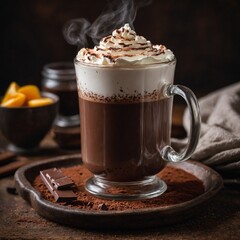 A steaming hot chocolate in a clear glass mug, with layers of chocolate and cream on a rustic table.