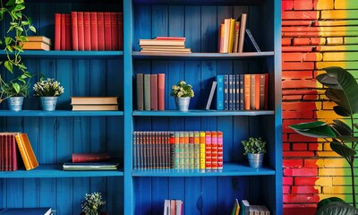 Colorful bookshelf with assorted books and plants