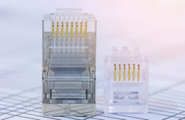 Rj45 connector for connecting a twisted pair cable. Data transmission over Ethernet.