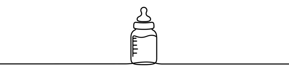 One continuous line illustration of a baby bottle, isolated on white background. Line art of baby bottle