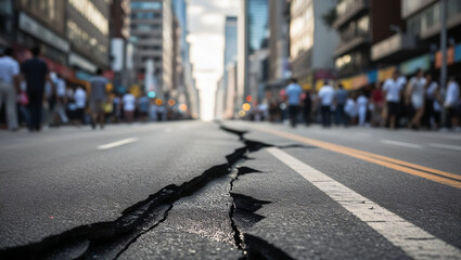 In a busy city street, there is a road with a long crack, depicting the effects of an earthquake. The background appears blurry