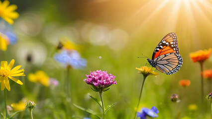 A vibrant meadow filled with colorful flowers and a fluttering butterfly, illuminated by soft sunlight, perfect for spring and summer themes.