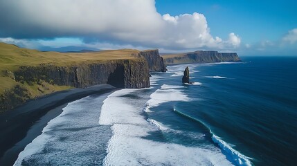 Dramatic Coastal Cliffs and Ocean Waves on a Sunny Day. AI Generated