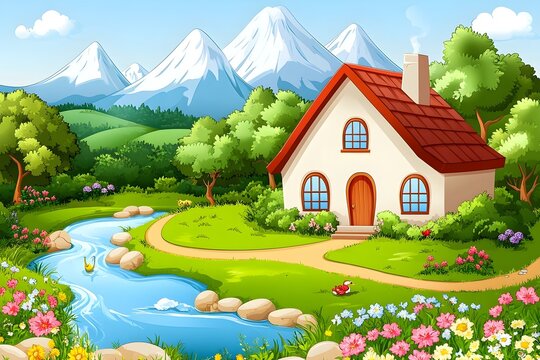 illustration of beautiful landscapes with mountains and lakes in watercolor, aquarelle look pencil art Countryside village landscape with church and houses illustration, design, vector, nature, travel