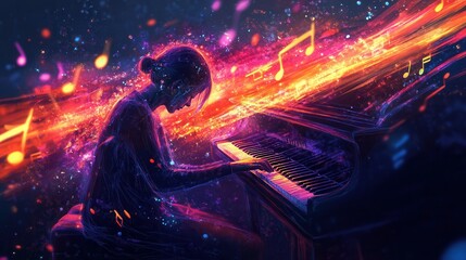 a person playing a glowing piano with musical notes swirling around them in radiant colors, symbolizing creative expression. 