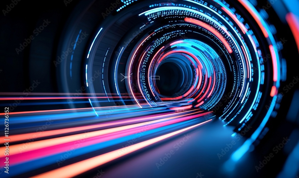 Poster A 3D rendering of a binary tunnel illuminated by a leading LED light, symbolizing data mining, big data visualization, machine learning, data discovery technology, and customer product analysis.