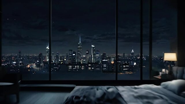 penthouse bedroom at night, dark gloomy, A room with a view of the city from the bed, 4k High-Quality Wallpaper Background Animation Video