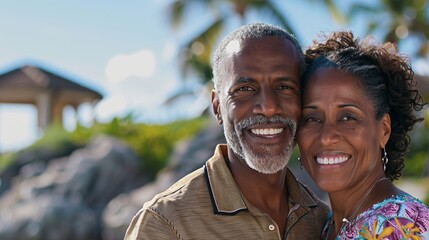 A portrait of a happy African American senior couple embracing on a sunny day are standing in front of a blurred background featuring a gazebo palm trees and a blue sky with white clouds.