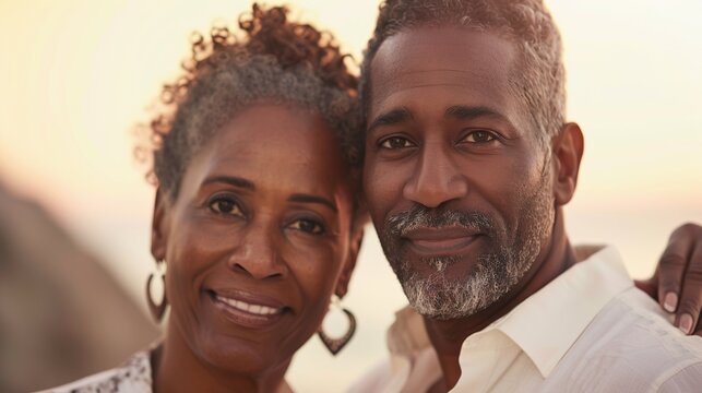 An African American middle-aged couple stands together smiling at the camera with a serene background.