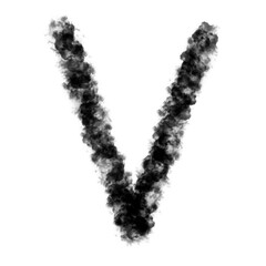The letter "V" of the English alphabet made by Sky or Cloud effect, Black color, Fog or smoke isolated on white background,  Mist or smog Special effect, Illustration design, Alphabet A-Z