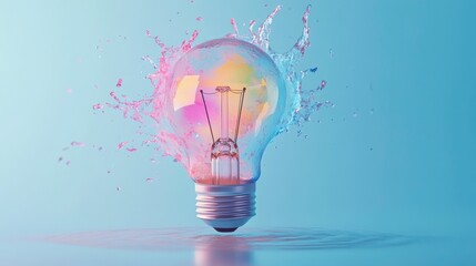 Creative Concept Light Bulb Explodes With Colorful Water Colors Against a Light Blue Background for Inspiration. Generative AI