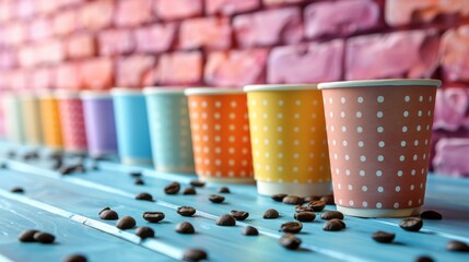 Colorful Paper Coffee Cups with Polka Dots and Coffee Beans on Blue Table, Brick Wall Background