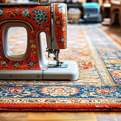 a sewing machine is on a rug with the number o on it