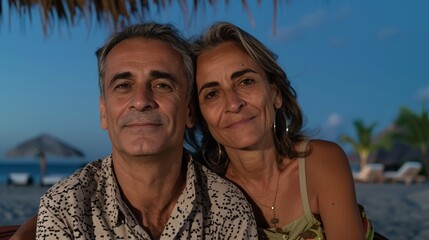 A couple holding hands while standing by the pool at a luxury resort, surrounded by tropical plants and clear blue skies.