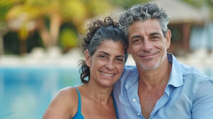 Obraz premium A middle-aged couple embracing by a pool set against a blurred background of palm trees