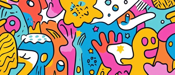 Vibrant Colorful Abstract Doodle Art Background,  Happy Monster Design