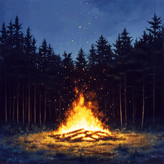 a painting of a fire in a forest with trees in the background