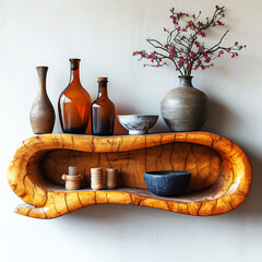 a shelf with vases and bowls and bowls on it