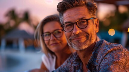Middle-aged couple smiling warmly for a photo by a tropical resort pool, surrounded by lush greenery and palm trees.