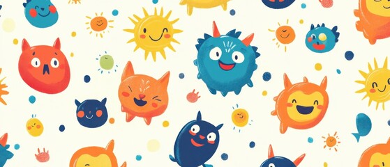 Delightful Seamless Pattern of Happy Cartoon Monsters and Suns