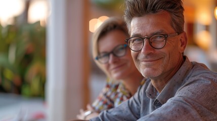 Middle-aged couple standing by a crystal-clear resort pool, surrounded by tall palm trees and vibrant tropical scenery.