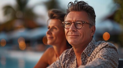 A serene image Of a middle-aged man and woman enjoying a tropical vacation together.