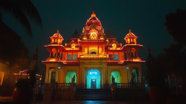 Kali Temple Illuminated at Night Showcases Intricate Architecture in Dakshineswar, Kolkata. Generative AI