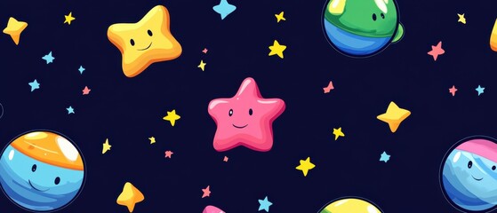 Adorable Cartoon Stars and Planets Seamless Pattern for Kids