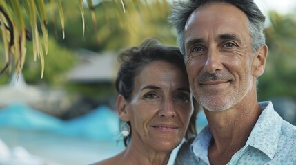 A cheerful couple enjoying the serenity of their resort vacation, standing together by a sun-drenched pool.